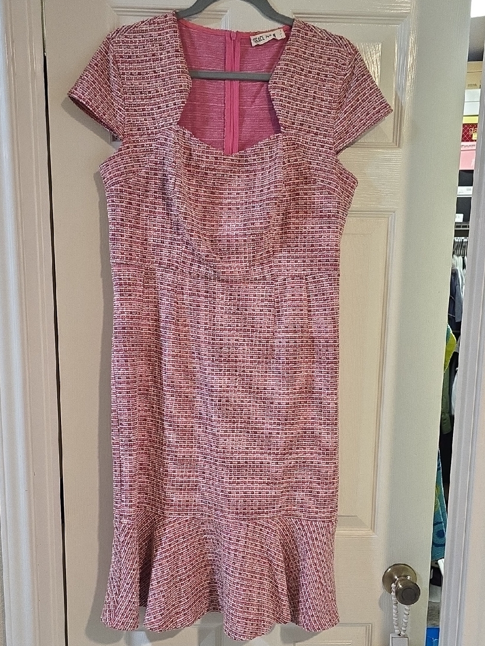 Grace Karin Pink Tweed Midi Dress with Flounce Hem